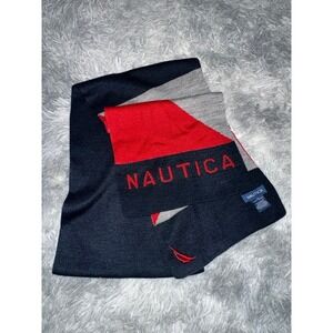Nautica Knit Scarf Navy Blue Red Grey Colorblock Logo Winter Accessory